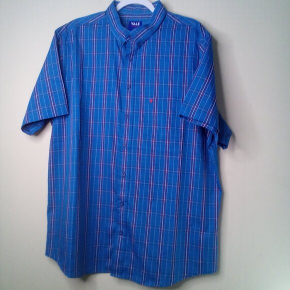 Yale Classic Shirt Men XL Button Down Short Sleeve Pocket Plaid Blue Red - Picture 1 of 16